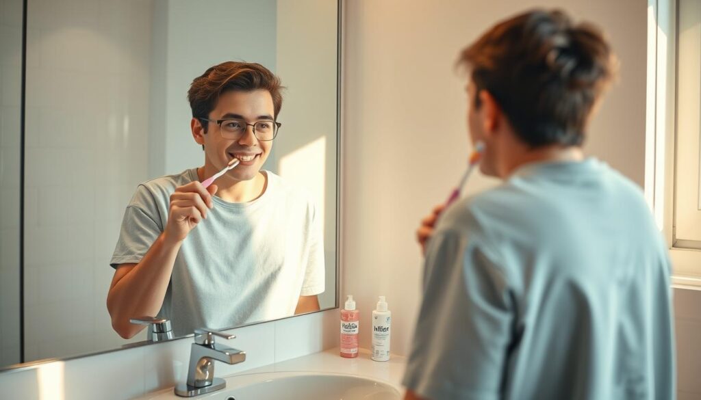 A bright, well-lit bathroom setting with a sink, toothbrush, toothpaste, and other oral hygiene tools neatly arranged. A person is standing in front of the mirror, meticulously brushing their teeth with a soft-bristled toothbrush, their face reflecting a focused expression. The counter is clean and uncluttered, creating a sense of order and cleanliness. The lighting is warm and natural, casting a gentle glow on the scene. The overall atmosphere conveys a sense of routine, attention to detail, and a commitment to maintaining good oral health.