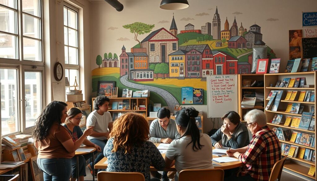 A bustling community center, warm lighting pouring through large windows, a diverse group of people gathered around a table, discussing plans and sharing ideas. In the background, a vibrant mural depicting local landmarks, a symbol of the neighborhood's unity. Shelves line the walls, filled with brochures and flyers advertising various support services. The atmosphere is one of collaboration and empowerment, as individuals work together to navigate the challenges of recovery and growth.