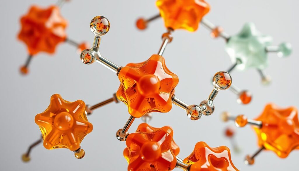 A close-up view of cannabis terpenes, showcasing their intricate molecular structures and vibrant hues. The terpenes are presented against a clean, muted background, allowing their complex geometrical patterns and subtle gradients to take center stage. Soft, directional lighting accentuates the translucent, resinous quality of the compounds, creating a sense of depth and dimensionality. The composition is balanced and symmetrical, with the terpenes arranged in a visually captivating manner that invites the viewer to explore their unique properties and influences on the cannabis plant.