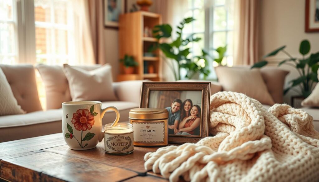 A cozy living room with an arrangement of personalized gifts for mom - a handcrafted ceramic mug with a painted floral design, a scented soy candle in a decorative tin, a framed family photo, and a soft knitted throw blanket. Warm, natural lighting filters through lace curtains, casting a gentle glow on the thoughtfully curated selection. The gifts are placed on a rustic wooden coffee table, surrounded by plush armchairs and houseplants, creating a serene, homely atmosphere perfect for celebrating a special mother.