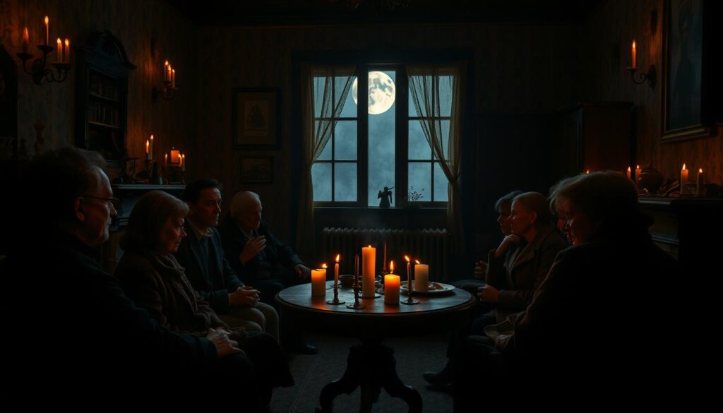 A dimly lit room, its walls adorned with antique furniture and flickering candles casting an eerie glow. In the center, a group of people sitting around a table, hands clasped, sharing whispers of local ghost stories handed down through generations. The air is thick with tension, as shadows seem to dance along the edges of the room, hinting at unseen presences. Moonlight filters through dusty windows, adding an otherworldly atmosphere to the scene. The camera captures this intimate gathering, the faces of the storytellers illuminated by the warm firelight, their expressions a mix of excitement and trepidation as they recount the ghostly tales that haunt their hometown.