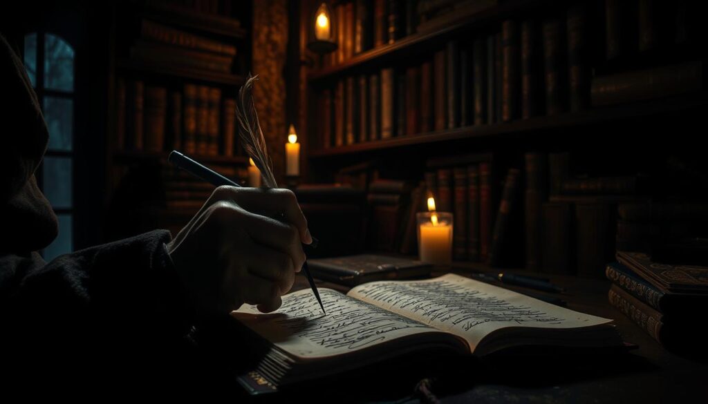 A dimly lit writer's study, cast in deep shadows. Gnarled, ink-stained fingers grip a quill, poised over a weathered journal. Flickering candlelight casts an eerie glow, illuminating the scattered pages covered in ominous scrawls. Shelves sag under the weight of ancient tomes, their spines emblazoned with cryptic titles. The air is thick with a sense of foreboding, as if the very walls whisper secrets of the macabre. Shards of moonlight pierce the gloom, casting distorted shapes on the floor, hinting at unseen horrors. This is the lair of the master of horror, where the techniques of the craft are honed to perfection, ready to haunt the unsuspecting reader.