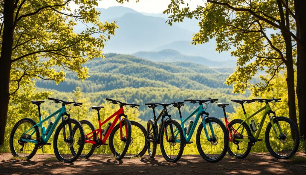 A dynamic and vibrant image of the growing Revel Bikes brand. In the foreground, several modern mountain bikes in various bold colors stand prominently, showcasing the brand's diverse and innovative product line. The middle ground features a lush, verdant forest backdrop, with dappled sunlight filtering through the canopy, creating a warm and naturalistic atmosphere. In the background, rolling hills and distant mountains provide a scenic, adventurous setting, hinting at the rugged terrain and outdoor experiences that Revel Bikes caters to. The lighting is soft and directional, casting subtle shadows and highlights that accentuate the bikes' sleek designs and the overall sense of motion and momentum. The composition is balanced and dynamic, drawing the viewer's eye to the central focus of the Revel Bikes products while immersing them in the brand's spirit of exploration and outdoor adventure.