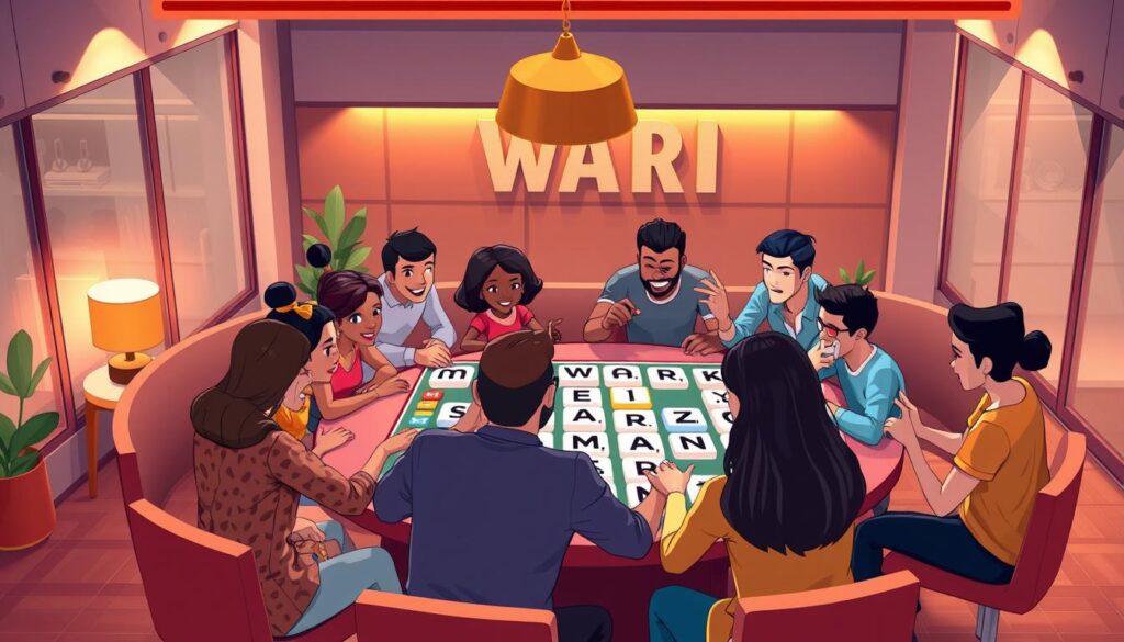 A lively community gathering around a vibrant, stylized word game board. Animated characters of diverse backgrounds enthusiastically discuss strategies, share insights, and celebrate victories. Warm lighting casts a cozy glow, while a modern, minimalist interior design provides a sleek, inviting backdrop. Geometric patterns and playful typography add visual interest, reflecting the intellectual challenge and social connectivity of the engaging word game experience. The overall atmosphere conveys a sense of camaraderie, creativity, and a shared love for the stimulating world of wordplay.