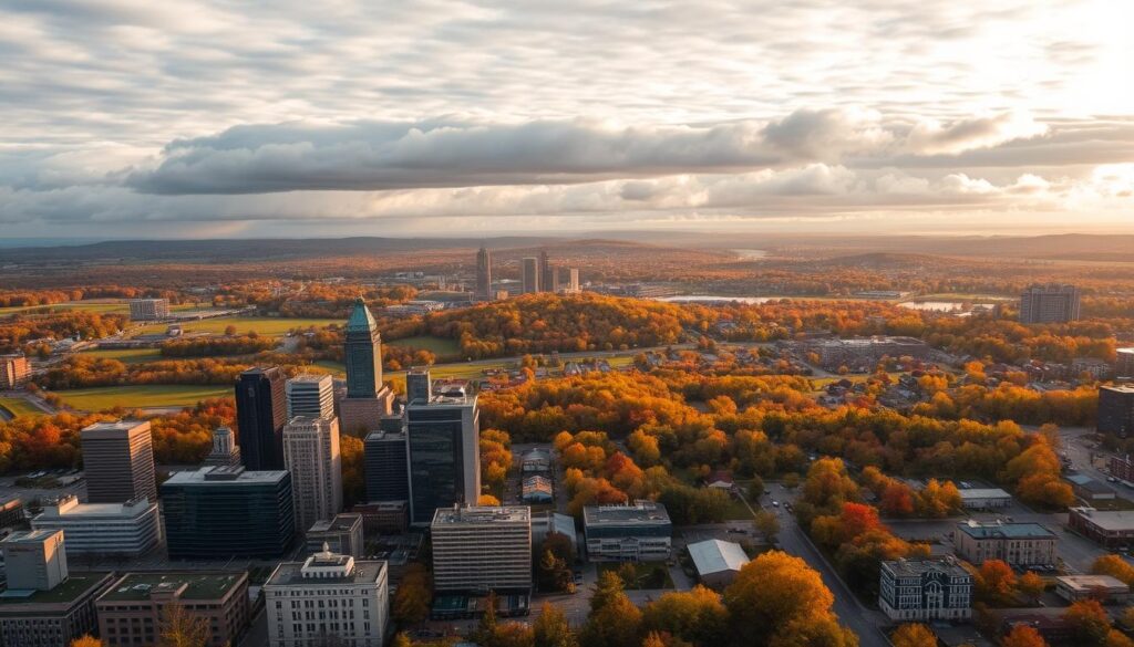 A majestic aerial view of Rochester, New York, during a transitional season. In the foreground, the city's iconic skyline, with its mix of modern skyscrapers and historic architecture, is bathed in warm, golden light. In the middle ground, lush, rolling hills are dotted with vibrant autumn foliage, hinting at the region's dramatic climate shifts. The background is dominated by a vast, cloud-filled sky, capturing the ever-changing nature of Rochester's weather patterns. The scene conveys the gradual, yet profound, long-term changes in the local climate, as the city adapts to the evolving environmental conditions.