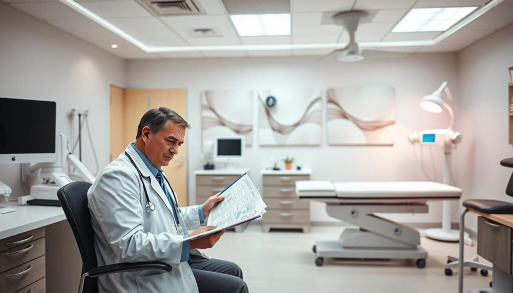 A pristine medical office with state-of-the-art equipment, bathed in the calming glow of soft lighting. In the foreground, a doctor sits at their desk, a concerned expression on their face as they review detailed medical charts. The middle ground showcases an examination table, clean and sterile, ready to provide professional guidance. The background features soothing, abstract wall art and subtle, muted tones that convey a sense of trust and care. The overall atmosphere is one of professionalism, empathy, and a commitment to addressing the patient's needs with the utmost care and expertise.
