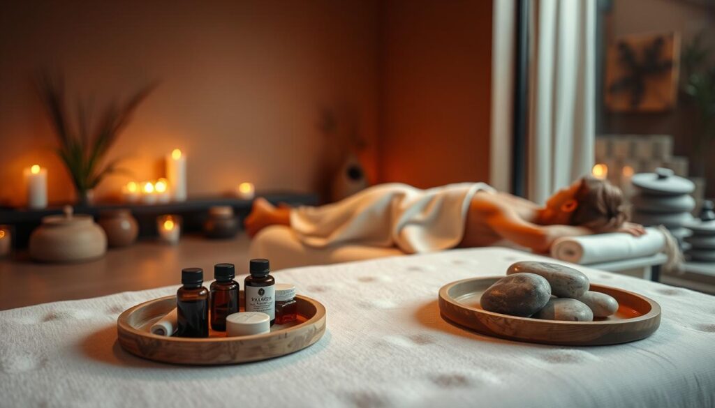 A serene, spa-like setting with warm lighting and a cozy, inviting atmosphere. In the foreground, a person lies comfortably on a massage table, draped in soft linens, preparing to receive a relaxing massage. Nearby, a tray holds essential oils, lotion, and other massage supplies, neatly arranged. The middle ground features a calming, neutral-toned décor, with natural elements like plants or stones. The background suggests a tranquil, private space, perhaps with a glimpse of a soothing water feature or subtle, nature-inspired artwork. The overall mood evokes a sense of anticipation, relaxation, and mindfulness.