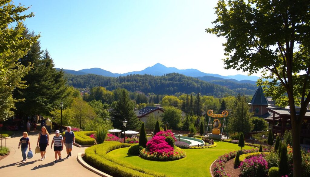 A serene, sun-dappled scene of Dollywood, the iconic theme park nestled in the lush, rolling hills of Tennessee. In the foreground, families stroll along a winding path, delighted by the cheerful sights and sounds of the park. In the middle ground, vibrant blooms and meticulously landscaped gardens add pops of color, complementing the warm, golden light that filters through the canopy of towering trees. In the distance, the majestic peaks of the Great Smoky Mountains rise up, creating a picturesque backdrop that captures the park's idyllic, picturesque setting. The overall atmosphere is one of relaxation and joy, perfectly capturing the Dollywood experience.