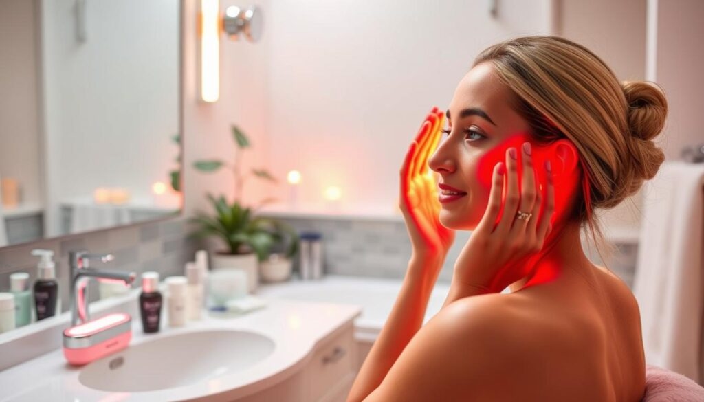 A serene, well-lit bathroom setting showcasing a comprehensive skin care routine incorporating red light therapy. In the foreground, an elegant vanity displays a variety of skin care products, including a red light therapy device. The middle ground features a person meticulously applying red light therapy to their face, with a warm, diffused glow illuminating their skin. The background subtly depicts soothing, minimalist bathroom details like a tiled wall, a potted plant, and soft, ambient lighting, creating a calming, spa-like atmosphere. The overall composition emphasizes the harmonious integration of red light therapy into a holistic, relaxing skin care regimen.