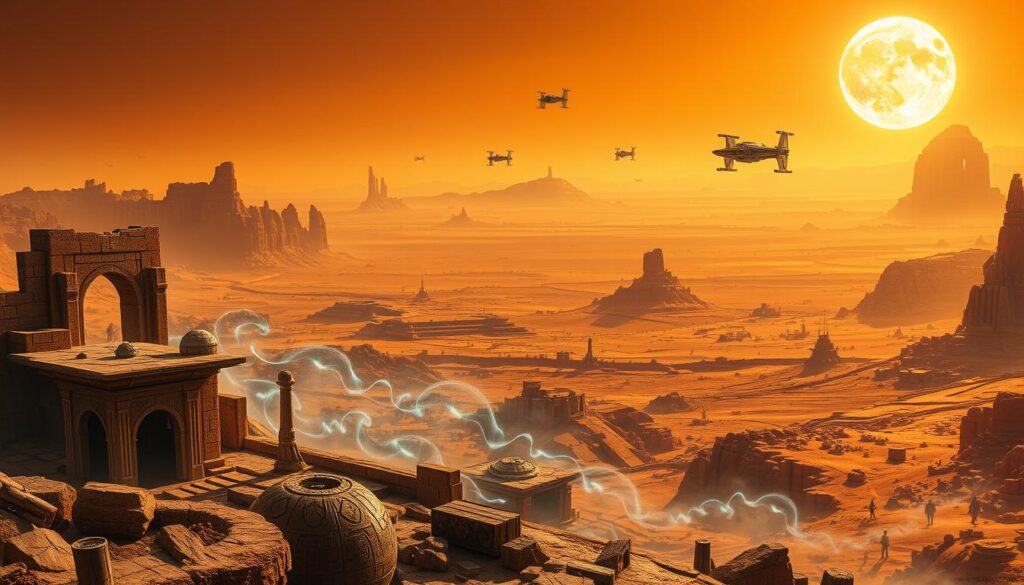 A sprawling landscape from the Star Wars universe, bathed in warm hues of twin suns. In the foreground, ancient stone ruins and weathered artifacts hint at a rich and mysterious history. Swirling Force energies emanate from these relics, their power palpable. In the middle ground, iconic starships soar through the sky, while in the distance, towering mountains and vast deserts stretch out, hinting at the vastness of this expansive galaxy. The scene is imbued with a sense of wonder and discovery, inviting the viewer to delve deeper into the lore and legends of this beloved science-fiction saga.