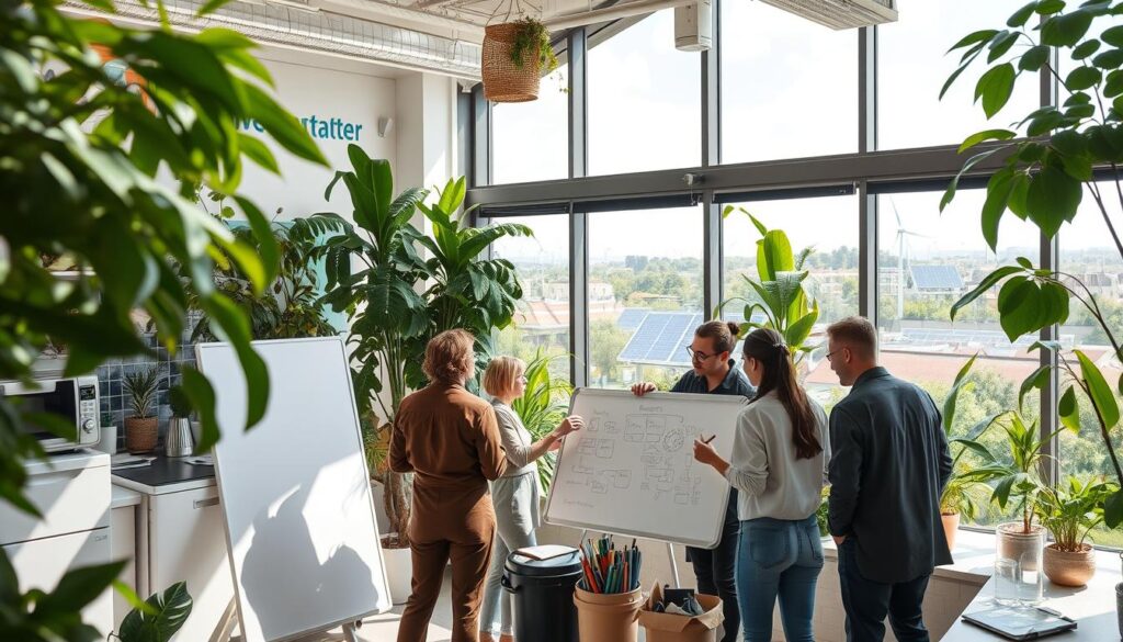 A sun-dappled office space, filled with lush indoor plants and natural light. In the foreground, a team of diverse professionals collaborating on a sustainable business plan, sketching ideas on a whiteboard. The middle ground features energy-efficient appliances, recycling bins, and reusable office supplies. In the background, large windows offer views of a thriving green cityscape, with solar panels and wind turbines on the horizon. The atmosphere is one of innovation, optimism, and a deep commitment to environmental responsibility.