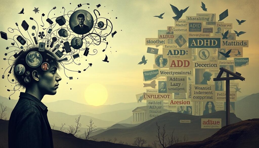 A surreal, dreamlike illustration of common myths and misconceptions about ADD and ADHD. In the foreground, a figure with a jumbled, fragmented mind struggles to focus, surrounded by swirling, disjointed thoughts and distorted perceptions. The middle ground features a collage of outdated stereotypes and false beliefs, such as the notion that those with ADD are lazy or unintelligent. In the background, a hazy, ethereal landscape conveys the complex, nuanced reality of these neurological conditions. Soft, muted colors and a sense of introspection and internal conflict create an evocative, thought-provoking atmosphere.