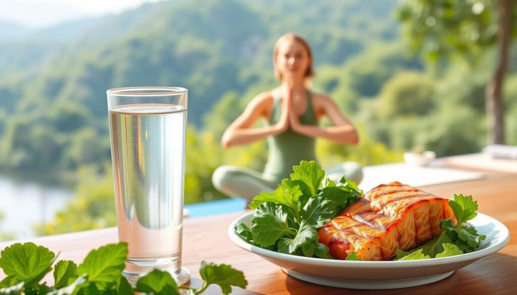 A vibrant, photorealistic illustration depicting healthy liver-supporting habits. In the foreground, a glass of water, a bowl of fresh green salad, and a plate of grilled salmon. In the middle ground, a person performing gentle yoga poses, showcasing mindfulness and stress management. In the background, lush greenery and a serene natural landscape, conveying a sense of balance and tranquility. The lighting is soft and natural, with warm tones highlighting the healthy ingredients and the person's serene expression. The composition is clean and well-organized, drawing the viewer's attention to the key elements of a liver-healthy lifestyle.