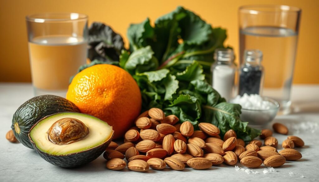 A visually striking still life captured in a warm, natural lighting, showcasing a collection of key nutrients that synergistically support the body's potassium balance. In the foreground, a vibrant avocado, a rich source of healthy fats, sits alongside a handful of almonds, providing magnesium and B vitamins. In the middle ground, a juicy orange and a cluster of leafy greens, such as spinach and kale, emphasize the importance of vitamin C and antioxidants in aiding potassium absorption. The background features a glass of water, a symbol of hydration, and a sprinkling of salt, highlighting the delicate balance between sodium and potassium. The composition is clean, minimalist, and inviting, drawing the viewer's attention to the nutritional powerhouse of this potassium-supporting ensemble.