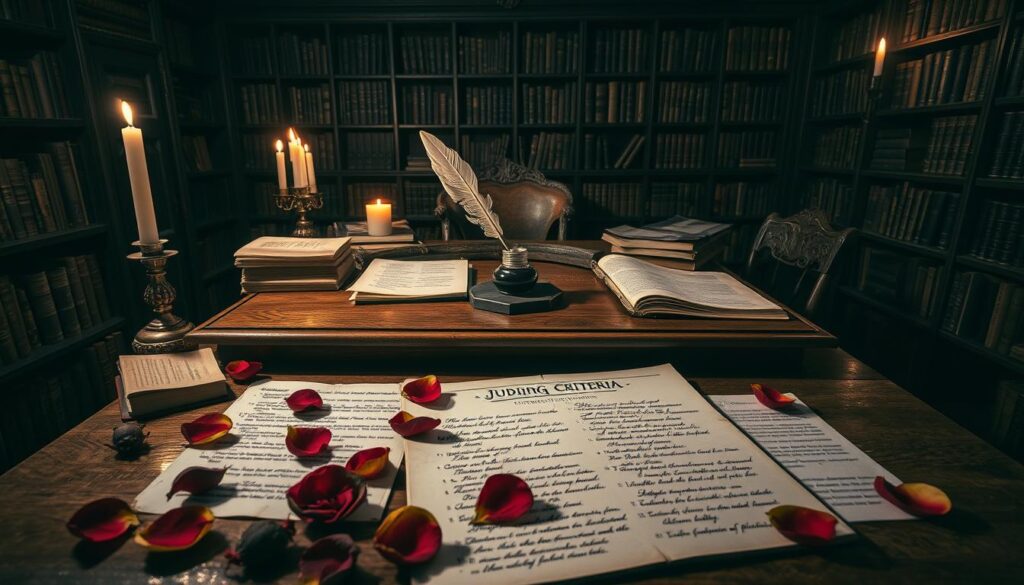 Judging Criteria for Spooky Writing Competition: A dimly lit study, books and papers strewn across an antique oak desk. A quill pen and ink well sit at the center, casting long shadows. The walls are lined with bookshelves, their shelves filled with tattered volumes on supernatural lore. Flickering candlelight illuminates the room, creating an eerie, gothic atmosphere. In the foreground, a set of judging criteria documents is visible, the text written in an elegant, cursive script. Scattered around the documents are withered rose petals, hinting at a dark, romantic theme. The entire scene has a sense of foreboding, as if the judges are about to delve into the depths of the most chilling tales.